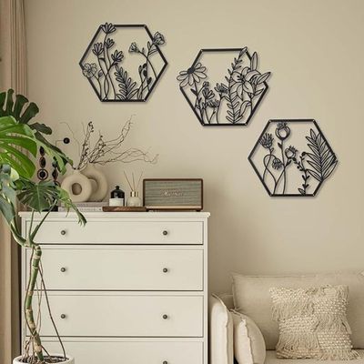 Wooden Wall Art With Self Adhesive Base - Black (Farmhouse Flowers)