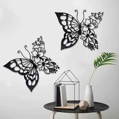 Wooden Wall Art With Self Adhesive Base - Black (Butterfly - Pack of 2)