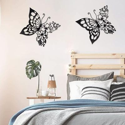 Wooden Wall Art With Self Adhesive Base - Black (Butterfly - Pack of 2)