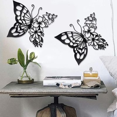 Wooden Wall Art With Self Adhesive Base - Black (Butterfly - Pack of 2)