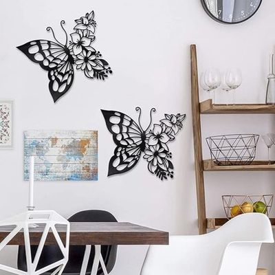 Wooden Wall Art With Self Adhesive Base - Black (Butterfly - Pack of 2)