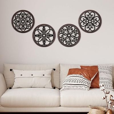 Wooden Wall Art With Self Adhesive Base - Black (Wagon Wheels - Pack of 4)
