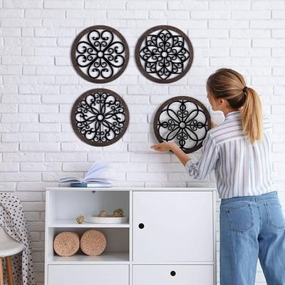 Wooden Wall Art With Self Adhesive Base - Black (Wagon Wheels - Pack of 4)