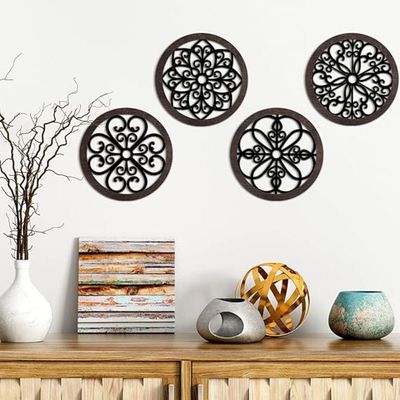 Wooden Wall Art With Self Adhesive Base - Black (Wagon Wheels - Pack of 4)