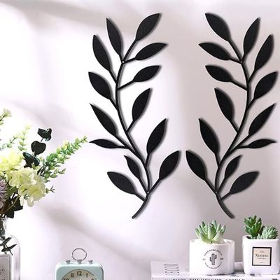 Wooden Wall Art With Self Adhesive Base - Black (Vine Olive Branch Leaf) - Pack of 2