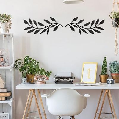 Wooden Wall Art With Self Adhesive Base - Black (Vine Olive Branch Leaf) - Pack of 2