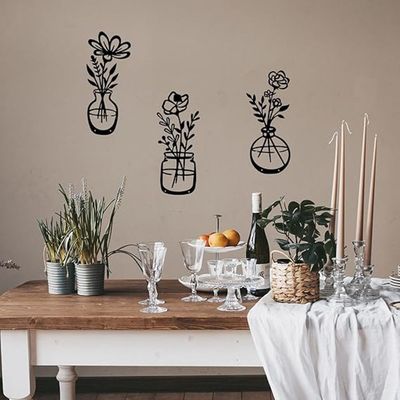 Wooden Wall Art With Self Adhesive Base - Black (Flower Vases - Daisy, Hibiscus, Rose)