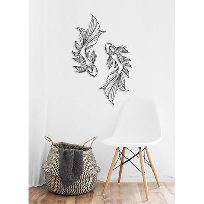 Wooden Wall Art With Self Adhesive Base - Black (Koi Fish) - Pack of 2