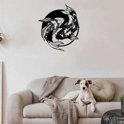 Wooden Wall Art With Self Adhesive Base - Black (Koi Yin Yang Fish)
