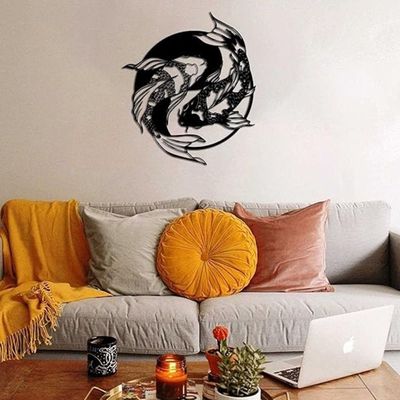 Wooden Wall Art With Self Adhesive Base - Black (Koi Yin Yang Fish)