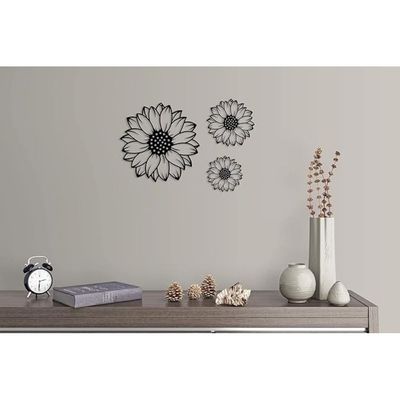 Wooden Wall Art With Self Adhesive Base - Black (Sunflowers - Pack of 3)