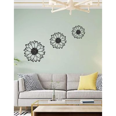 Wooden Wall Art With Self Adhesive Base - Black (Sunflowers - Pack of 3)