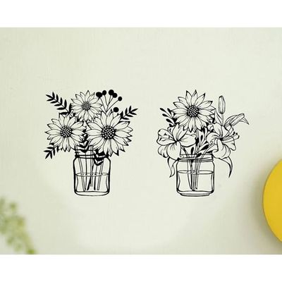 Wooden Wall Art With Self Adhesive Base - Black (Sunflowers Vases - Pack of 2)