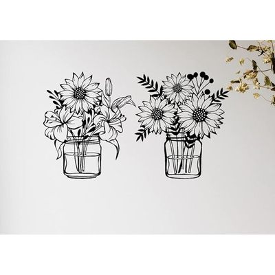 Wooden Wall Art With Self Adhesive Base - Black (Sunflowers Vases - Pack of 2)