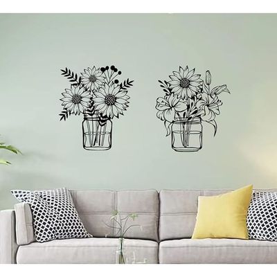 Wooden Wall Art With Self Adhesive Base - Black (Sunflowers Vases - Pack of 2)
