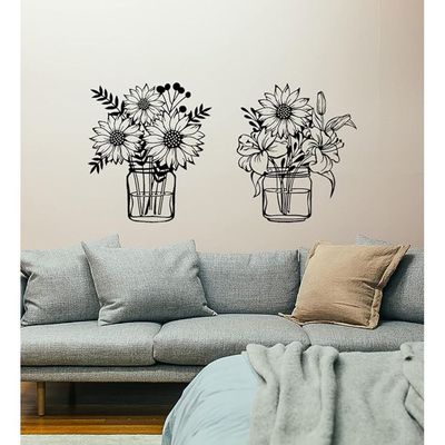 Wooden Wall Art With Self Adhesive Base - Black (Sunflowers Vases - Pack of 2)