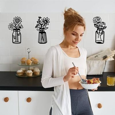 Wooden Wall Art With Self Adhesive Base - Black (Flower Vases - Daisy, Sunflower, Rose)