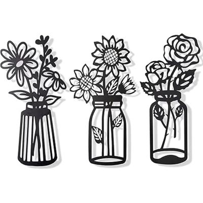 Wooden Wall Art With Self Adhesive Base - Black (Flower Vases - Daisy, Sunflower, Rose)