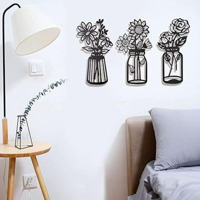 Wooden Wall Art With Self Adhesive Base - Black (Flower Vases - Daisy, Sunflower, Rose)