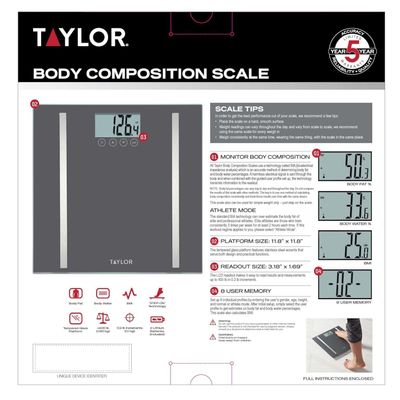 Taylor Digital Body Composition Scale, Bathroom Scale for Body Weight, Measures Body Fat, Body Water & Muscle Mass, 8 User Recognition, Normal & Athlete Modes, FSA HSA Eligible, 400 lb Capacity, Black