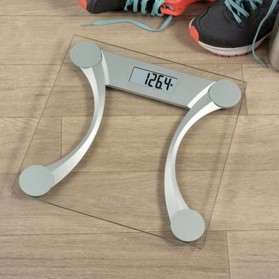 Taylor 400 Lb. Capacity Clear Glass Digital Bathroom Scale with Metallic Accents, 11.8-inch x 11.8-inch Platform, Silver
