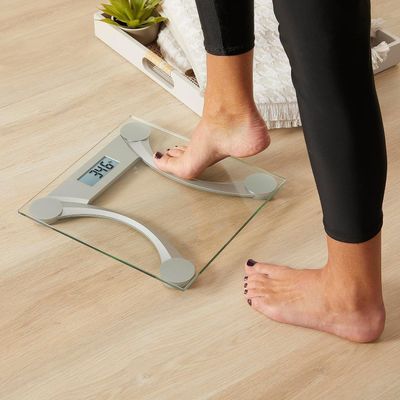 Taylor 400 Lb. Capacity Clear Glass Digital Bathroom Scale with Metallic Accents, 11.8-inch x 11.8-inch Platform, Silver
