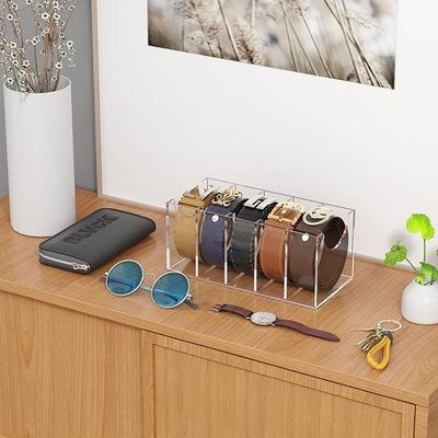 Belt Organizer, Acrylic 5 Compartments Belt Container Storage Holder, Clear Belt Display Case for Closet Tie and Bow Tie, One Size

