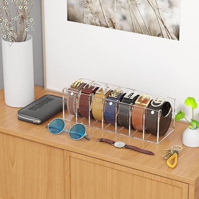 Belt Organizer, Acrylic 7 Compartments Belt Container Storage Holder, Clear Belt Display Case for Closet Tie and Bow Tie
