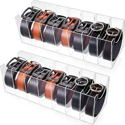 2 Pieces Belt Organizer Acrylic Belt Storage Holder 7 Compartments Display Case Belt Container Holder for Closet and Drawer, Purse Tie Jewelry Watch Bracelets Makeup Storage Holder Accessories
