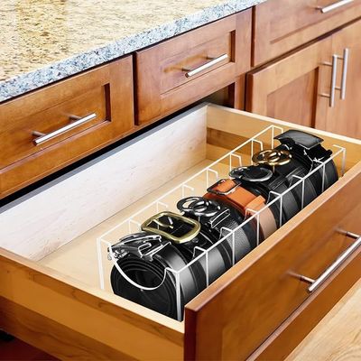Belt Organizer, Acrylic 7 Compartments Belt Storage Holder Clear Belt Display Case Belt Container Holder for The Closet Drawer Bow Tie Watch Jewelry Bracelets Ring Cosmetic
