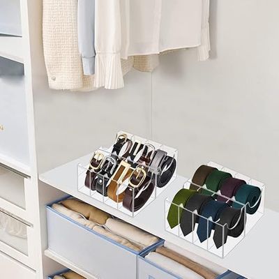 Belt Organizer, Acrylic 8 Compartments Belt Container Storage Holder, Acrylic Belt Display Storage Box, Clear Belt Display Case for Closet Tie and Bow Tie Watch Jewelry Bracelets Ring
