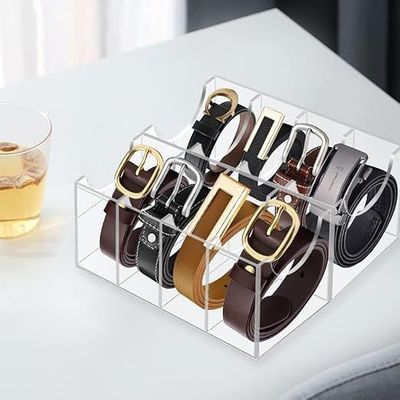 Belt Organizer, Acrylic 8 Compartments Belt Container Storage Holder, Acrylic Belt Display Storage Box, Clear Belt Display Case for Closet Tie and Bow Tie Watch Jewelry Bracelets Ring
