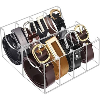 Belt Organizer, Acrylic 8 Compartments Belt Container Storage Holder, Acrylic Belt Display Storage Box, Clear Belt Display Case for Closet Tie and Bow Tie Watch Jewelry Bracelets Ring
