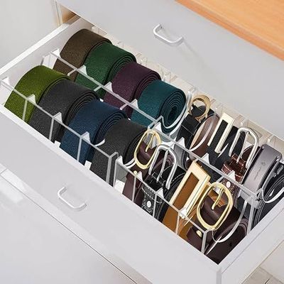 Belt Organizer, Acrylic 8 Compartments Belt Container Storage Holder, Acrylic Belt Display Storage Box, Clear Belt Display Case for Closet Tie and Bow Tie Watch Jewelry Bracelets Ring
