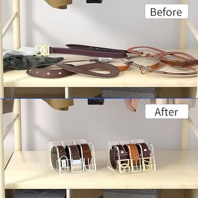 Closet Belt Organizer, Acrylic Clear Belt Box Storage Holder for Closets and Drawers, 3 Compartment Belt Box Container with Display Shelf, Clear Belt Display Cabinet
