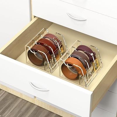 Closet Belt Organizer, Acrylic Clear Belt Box Storage Holder for Closets and Drawers, 3 Compartment Belt Box Container with Display Shelf, Clear Belt Display Cabinet
