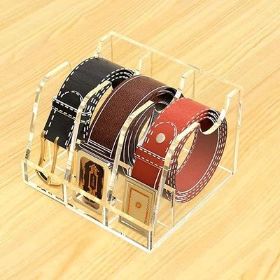 Closet Belt Organizer, Acrylic Clear Belt Box Storage Holder for Closets and Drawers, 3 Compartment Belt Box Container with Display Shelf, Clear Belt Display Cabinet
