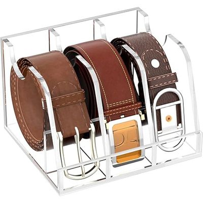 Closet Belt Organizer, Acrylic Clear Belt Box Storage Holder for Closets and Drawers, 3 Compartment Belt Box Container with Display Shelf, Clear Belt Display Cabinet
