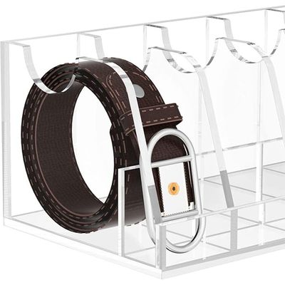 Belt Organizer, Acrylic Belt Storage Holder for the Closet and Drawer, 7 Compartments Belt Box with Display Stand

