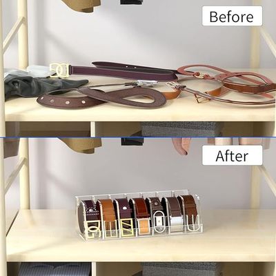Belt Organizer, Acrylic Belt Storage Holder for the Closet and Drawer, 7 Compartments Belt Box with Display Stand
