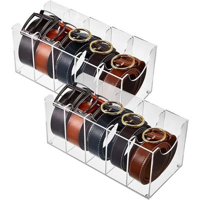 2 Pieces Belt Organizer Clear Acrylic Belt Storage Holder 5 Compartments Belt Display Case Bow Tie Organizer Belt Container Storage Holder for Men Closet Tie Bow Tie Watch Jewelry Cosmetics Makeup
