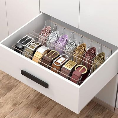 Belt Organizer, Acrylic Belt Storage Holder for The Closet, 7 Compartments Display Case for Tie and Bow Tie
