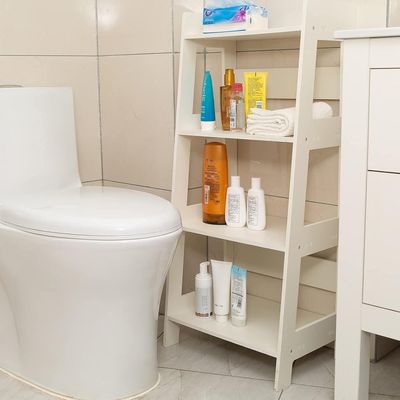 4 Tier Waterproof White Ladder Shelf Bookcase Display Unit Storage Stand Bathroom Cabinet Floor Cupboard for Kitchen Bedroom Living Room Bathroom Flower Plant Stand-Wood Plastic Board

