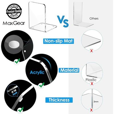 Book Ends Clear Acrylic Bookends for Shelves, Non-Skid Bookend, Heavy Duty Book End, Book Holder Stopper for Books/ Movies/ CDs/ Video Games, 7.3 x 5.5 x 5.1 in, (4 Pairs/8 Pieces, Large)
