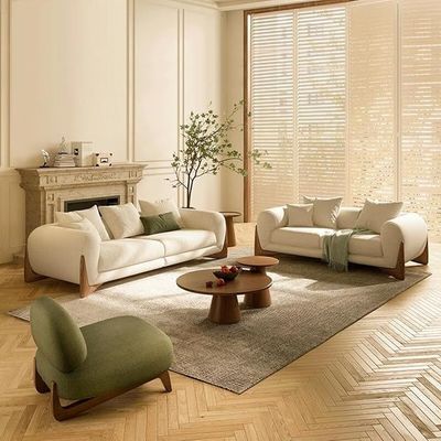 Soft Wool Plush Sofa Set, Walnut Legs, Overall Solid Wood Frame Sofa and High Density Memory Foam Sofa Cushion,Modern Minimalist Cream White Style Living Room Sofa Sets