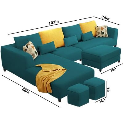 8 Seater Fabric RHS L Shape Sofa Set with 1 Centre Table & 2 Puffy (Right Hand)