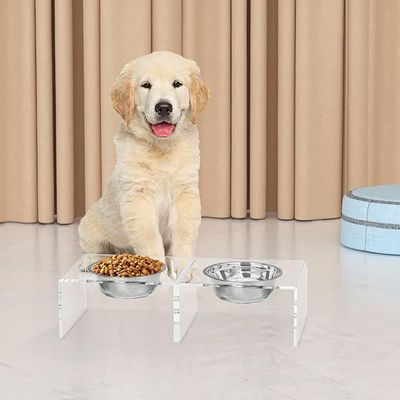 Raised Cat Bowls Stand, Clear Acrylic Elevated Pet Feeder with Dishes for Food and Water (2 Pack, Small)