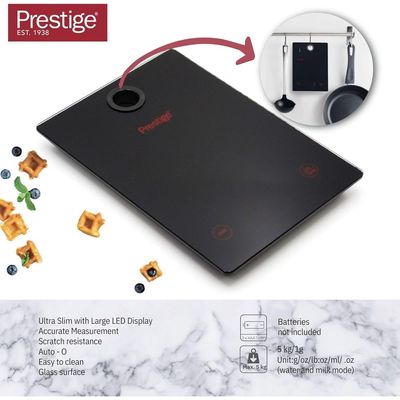 Prestige Digital Kitchen Scale Multifunction Food Weight Scale 5KG | Ultra Slim with Large LCD Display Premium Plastic and Glass Food Scales | 11lb/5kg with 0.1oz/1g Precision, Black - PR81006