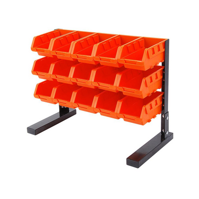 Tactix 15 Pc Tabletop Bin Rack, Heavy-Duty Powder-Coated Metal Rack Frame Storage Organizer with Removable Bins, Easy Assembly for Garage, Home & Office, Orange- 320621