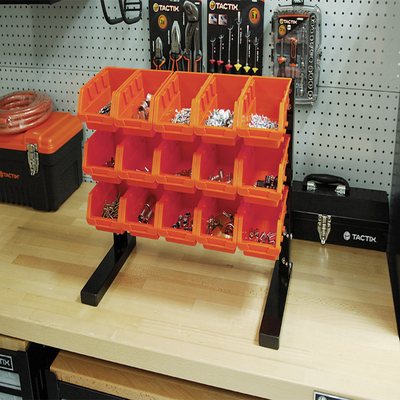 Tactix 15 Pc Tabletop Bin Rack, Heavy-Duty Powder-Coated Metal Rack Frame Storage Organizer with Removable Bins, Easy Assembly for Garage, Home & Office, Orange- 320621